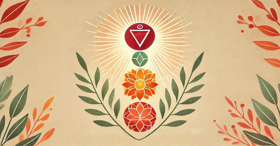 下三脈輪(海底輪紅色、臍輪橙色、太陽神經叢黃色)能量療癒圖,背景有溫暖珊瑚和鼠尾草綠光暈,象徵糖尿病靈性療癒與身心平衡,療癒感十足。